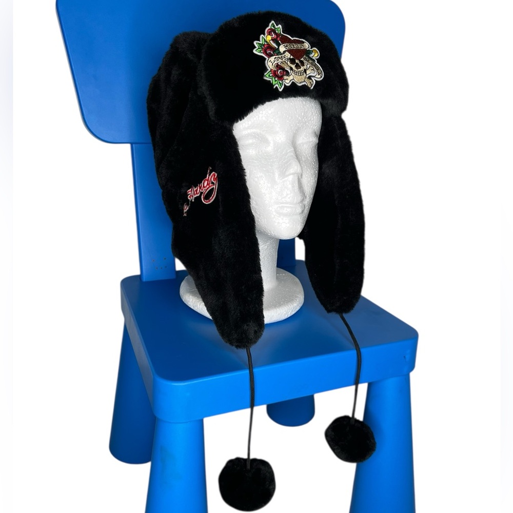 Ed Hardy Women's Trapper Hat Black Faux Fur Pompoms Love Kills Skull| - Picture 3 of 8